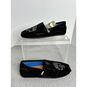 TOMS Beaumont Mens 14 Black Crushed Velvet Beaded Skull Alpargata Slipper Shoes
